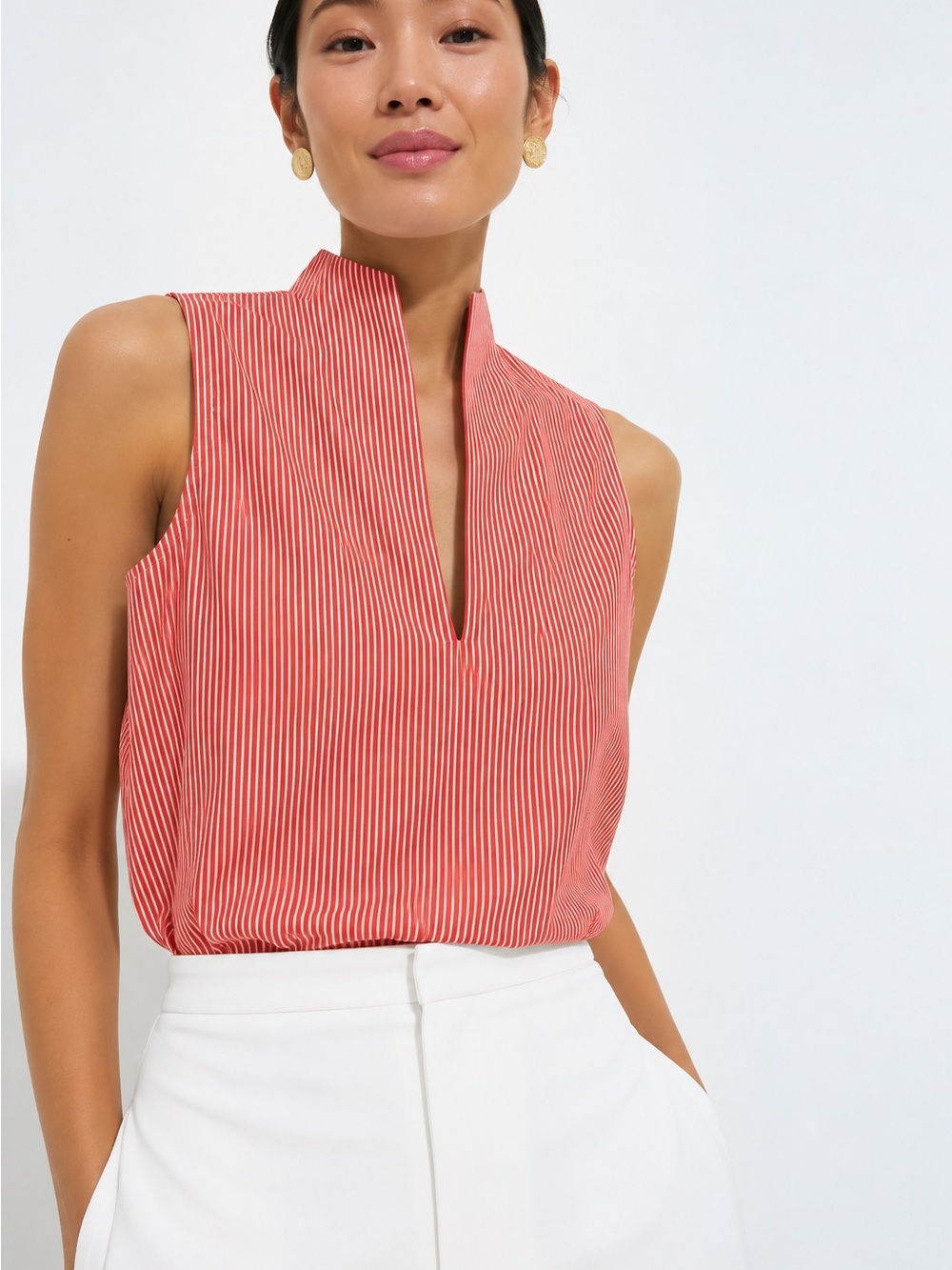 Tuckernuck Red Pinstripe Sleeveless Notch-Neck Top